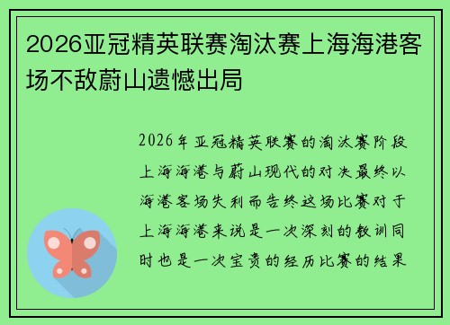 2026亚冠精英联赛淘汰赛上海海港客场不敌蔚山遗憾出局