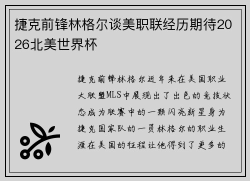 捷克前锋林格尔谈美职联经历期待2026北美世界杯 捷克前锋林格尔谈美职联经历期待2026北美世界杯